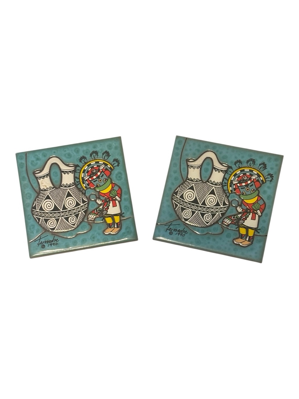 Teissedre Designs Handcrafted Turquoise Ceramic Wall Tiles/Coasters from 1990